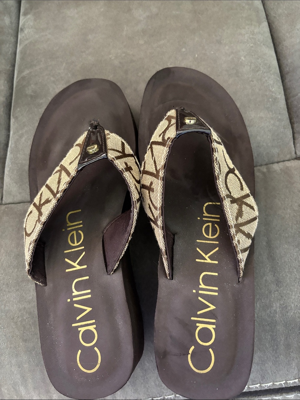 Calvin Klein Brown Logo Fabric Thong Sandals